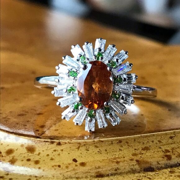 Natural Orange Garnet Moissanite Sterling Silver Ring Size 10 - Picture 1 of 9